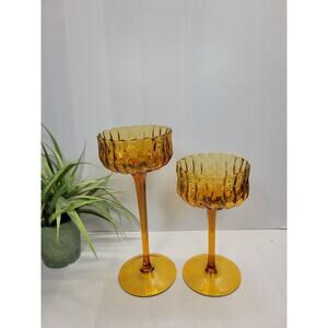 2 Vintage Amber Ribbed Stemmed Candy Dishes, Hand Blown Decor Centerpiece MCM